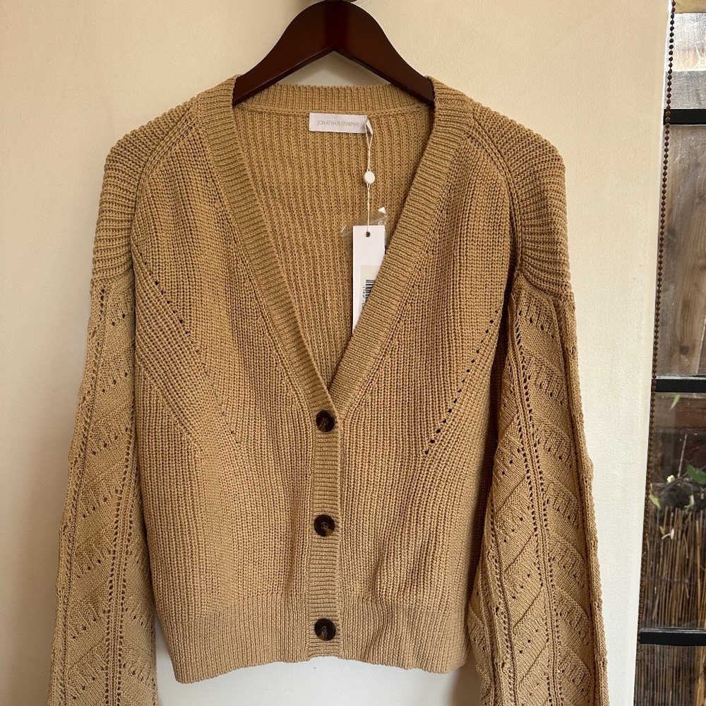 Jonathan Simkhai tan button front cardigan sweater w/crochet long sleeves sz XL